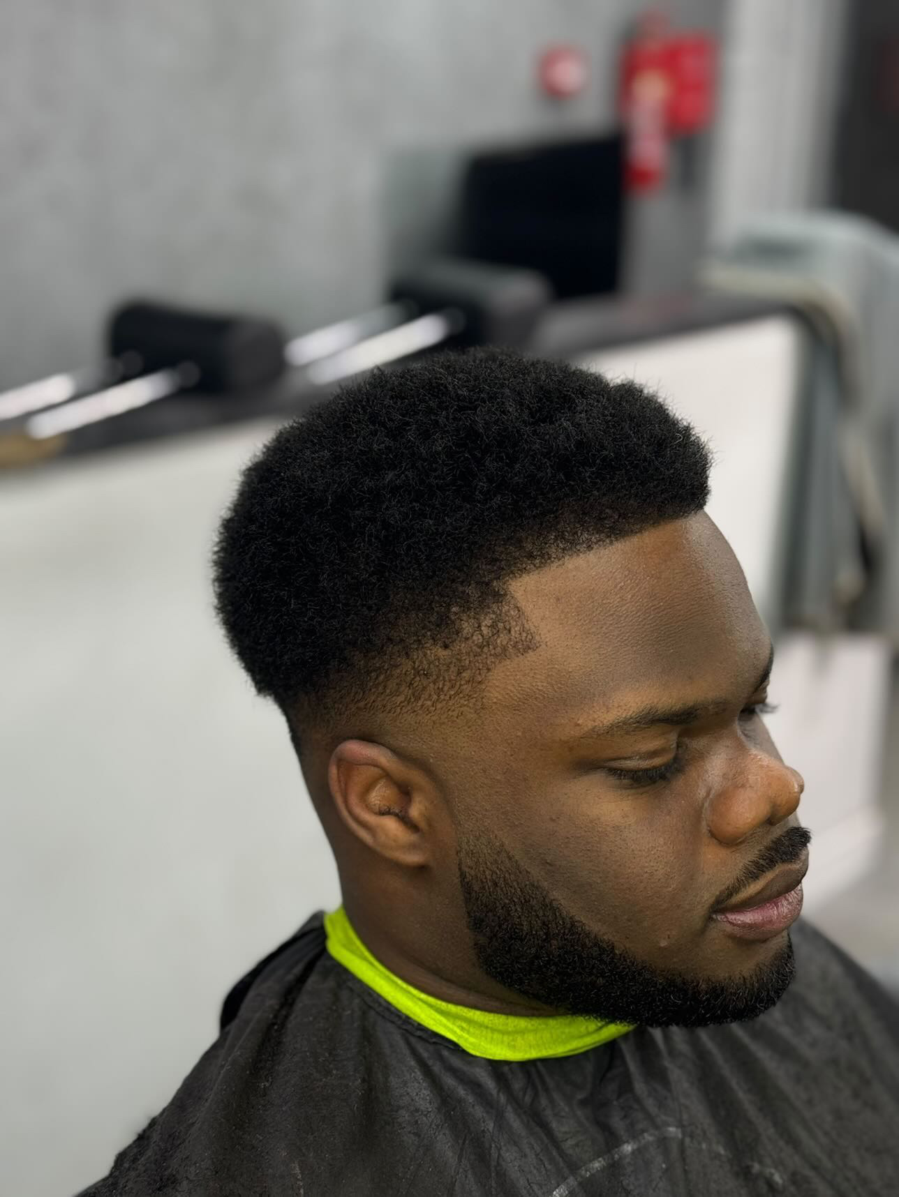 High-top afro with clean taper and beard shape